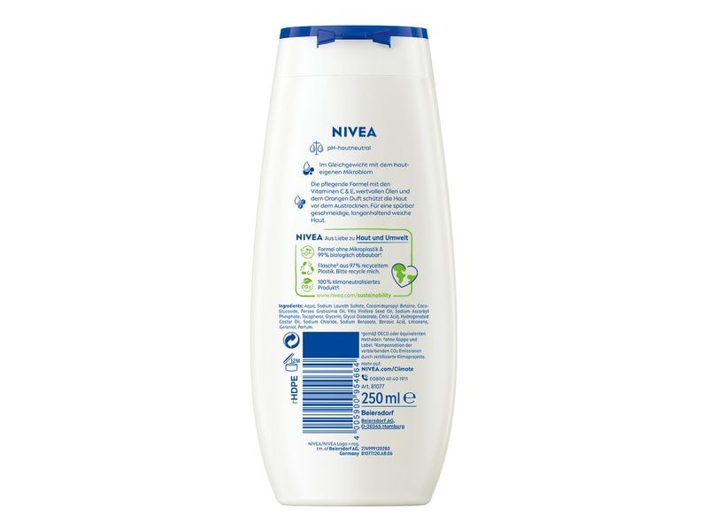NIVEA Duschgel Orange and Avocado Oil 250 ml Pflegende und verwöhnende Cremedusche für ein sauberes Gefühl