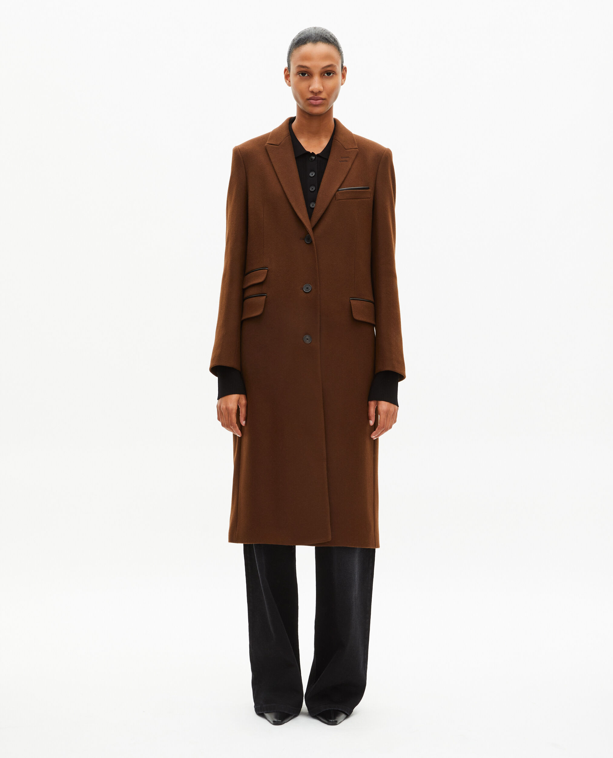 Manteau long en laine avec détails de cuir marron