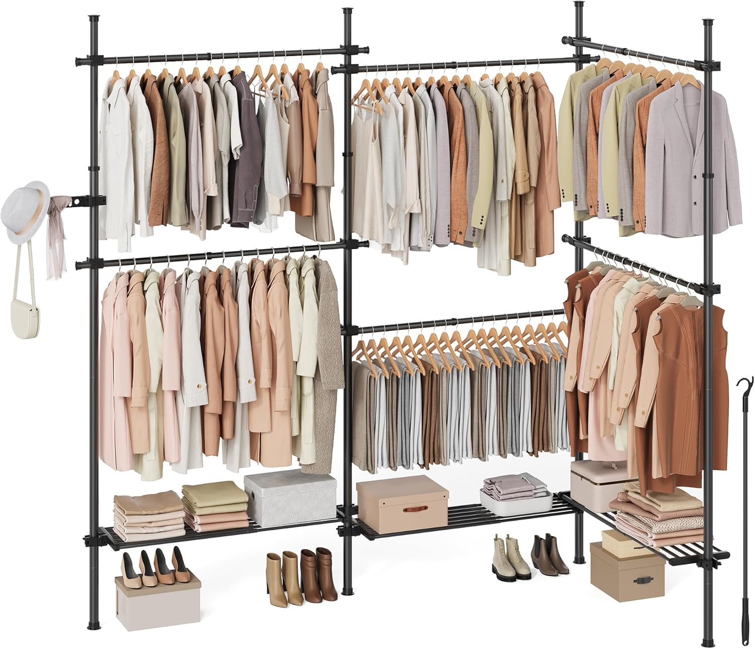 SONGMICS Teleskopstange Kleiderständer, 3-stufige Garderobe, höhen- und breitenverstellbar, offener Kleiderschrank mit 6 Kleiderstangen und 3 abnehmbaren Ablagen, Greifarm, Mattschwarz HSR155B01 OR5487304