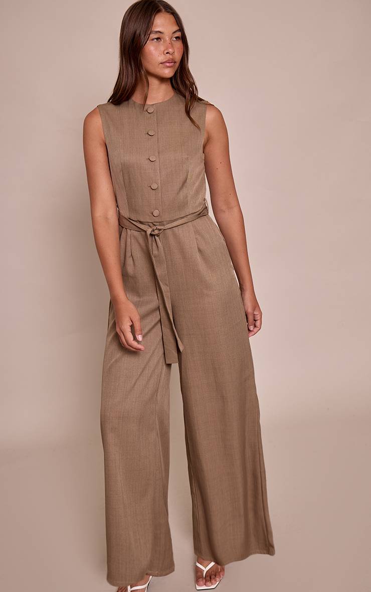Taupe Combinaison Pantalon Large En Tissu Tissé Avec Ceinture Nouée Et Boutons