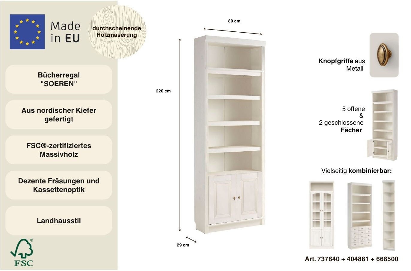 Home affaire Bücherregal »Soeren« aus massiver Kiefer, Höhe 220 cm, mit 2 Holztüren, viel Stauraum
