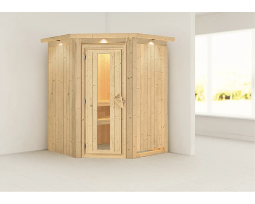 Karibu Callinan modulaire sauna zonder oven, met dakrand en houten deur met isolatieglas, thermisch geïsoleerd