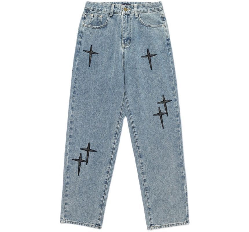 GRAYCIOUS - Mid Rise Cross Patch Washed Loose Fit Jeans