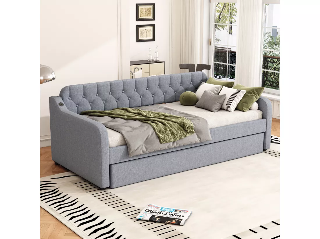 Lit gigogne 90/180x200cm, canapé lit extensible, méridienne avec port USB, sans matelas, gris