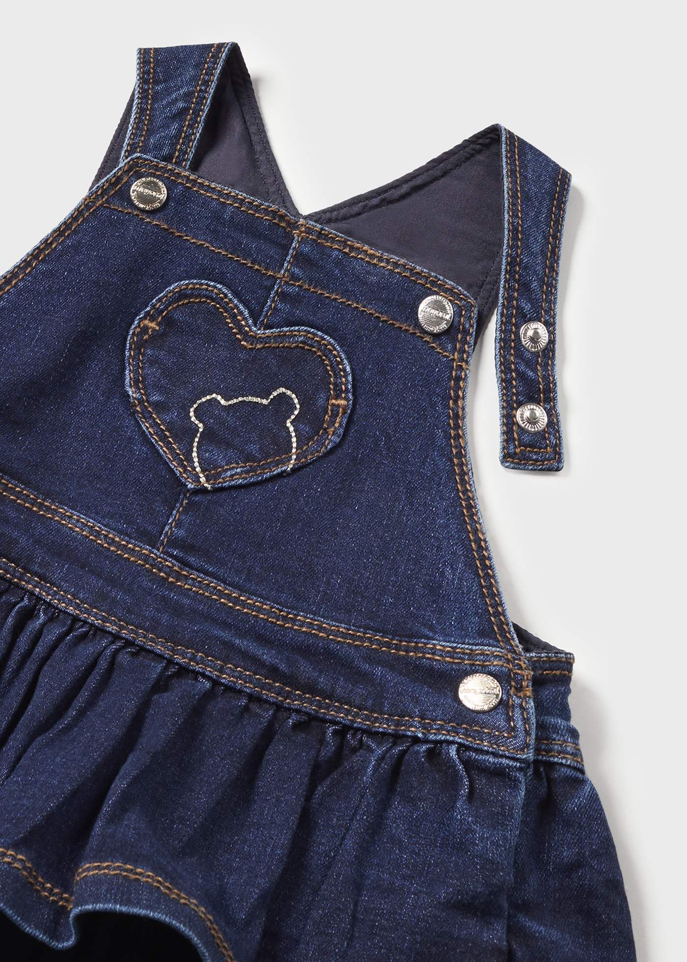Vestido jardineira jeans para bebê com babados