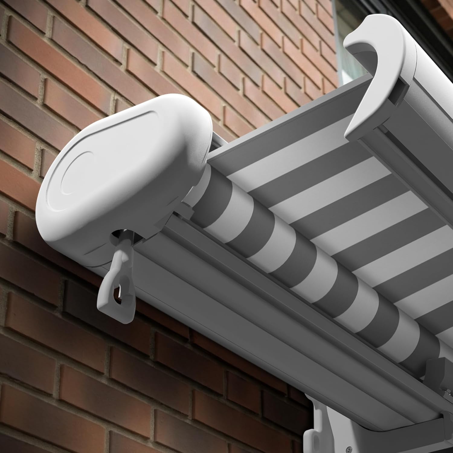 Eclipse Vollkassettenmarkise Premium elektrisch 3x2,5m Markise Balkon Terrassenüberdachung Kassettenmarkise Gelenkarm Polyacryltuch UV-Schutz 50+ Smarthome-fähiger Dooya Motor, Markisentuch: Grau-Weiß