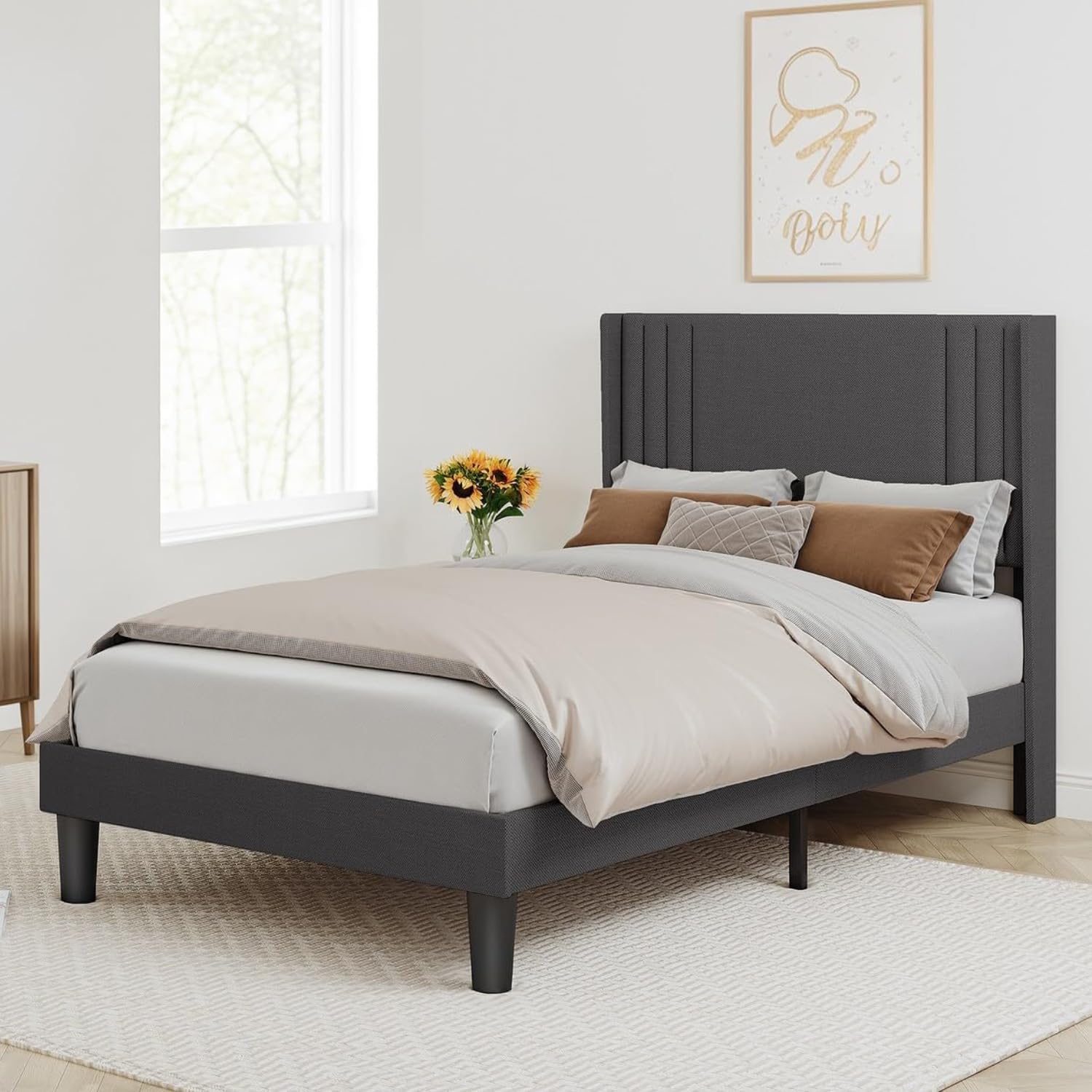 Bealife Polsterbett 120x200 cm, Doppelbett mit gepolstertem Kopfteil, stabilem Holzlattenrost und Metallrahmen, für das Schlafzimmer (Dunkelgrau, 120 x 200 cm)