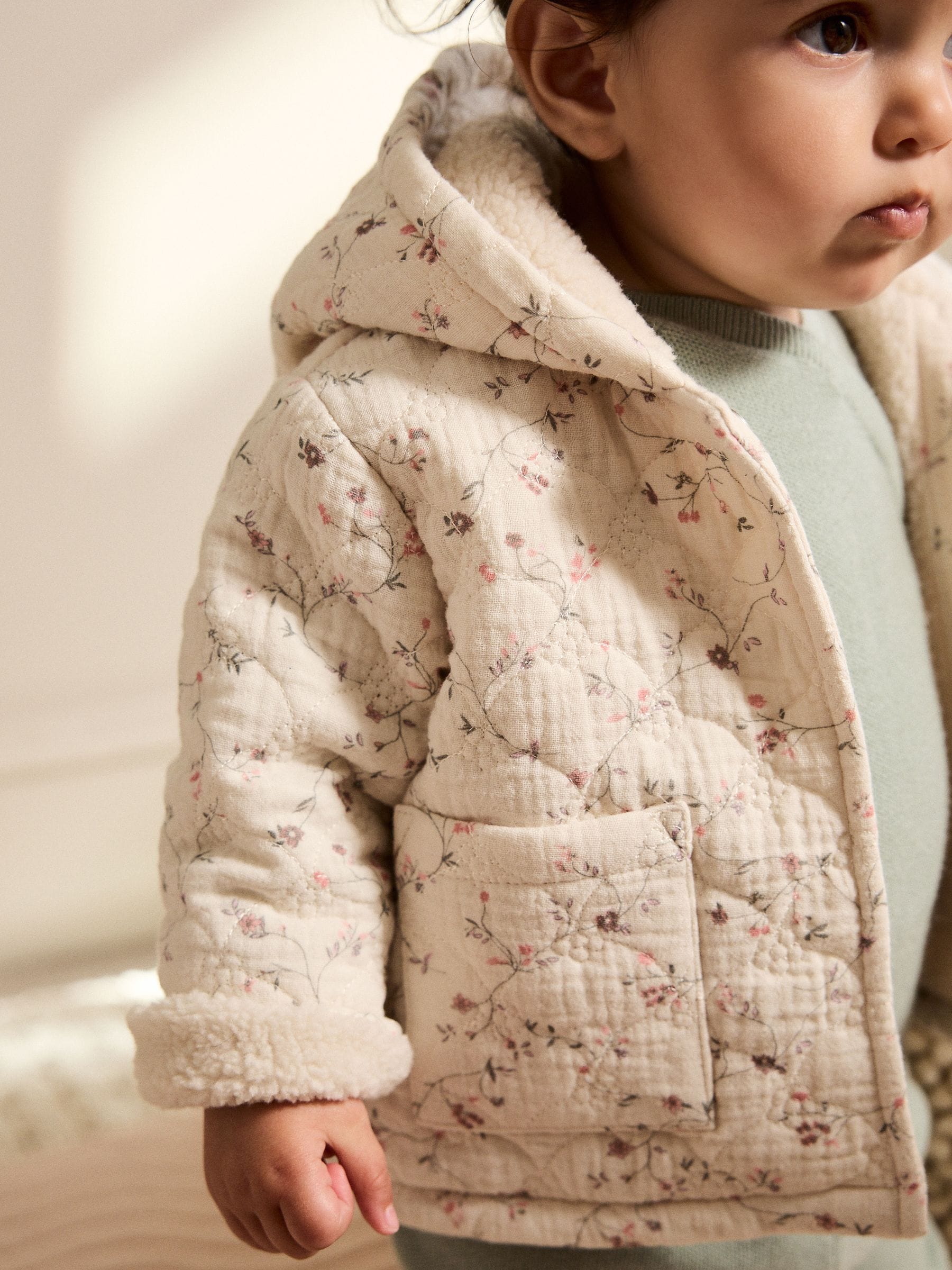 Ecru met bloemenmotief - Baby jas van jersey met kreukeltextuur (0mnd-2jr)