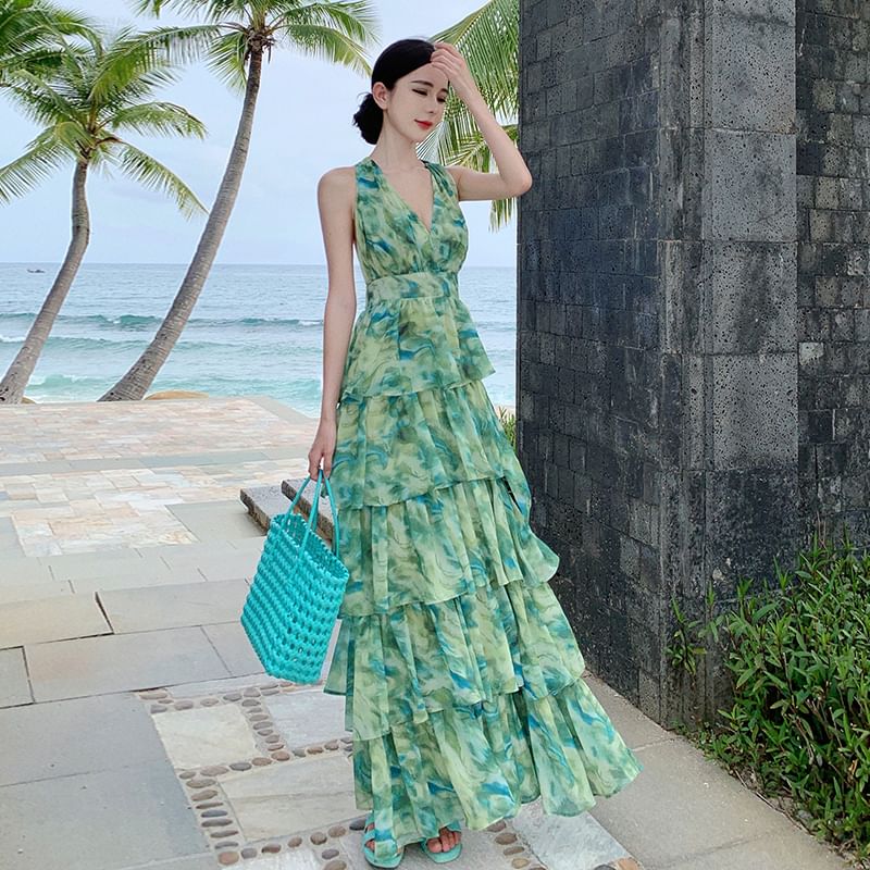 Saccharine - Halter V-hals gebloemde maxi A-lijn jurk met print