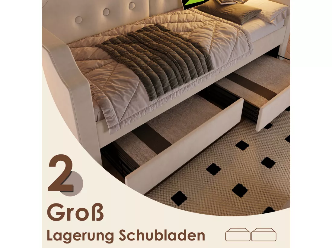 Lit capitonné 90 x 200 cm avec 2 tiroirs, canapé-lit avec 2 tiroirs, lampe de lecture et prise USB Type-C - Velours - Beige (sans matelas)