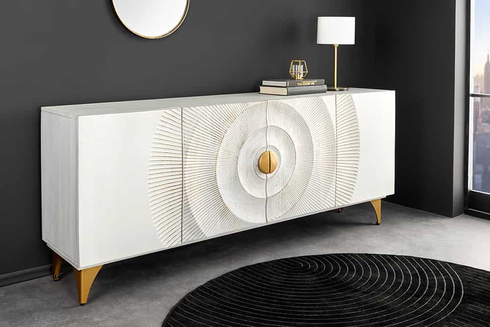 Handgearbeitetes Sideboard GOLDEN SUNSET 180cm weiß gold Mangoholz Metallbeine