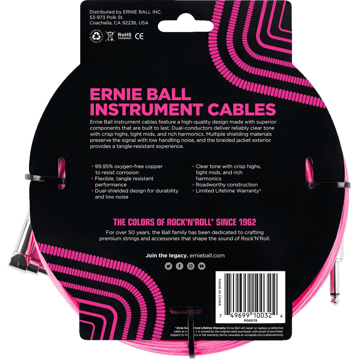 Ernie Ball 6078 Braided Instrument Cable, 3 meter, Neon Pink
