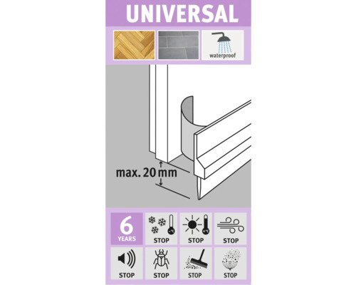 Universele deurrubber met lip, zelfklevend, wit, 1 m x 20 mm