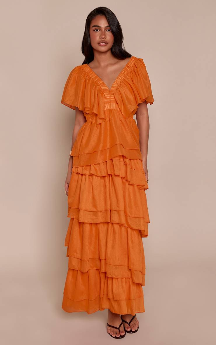 Orange Robe Maxi À Col V Plongeant Et Volants Superposés