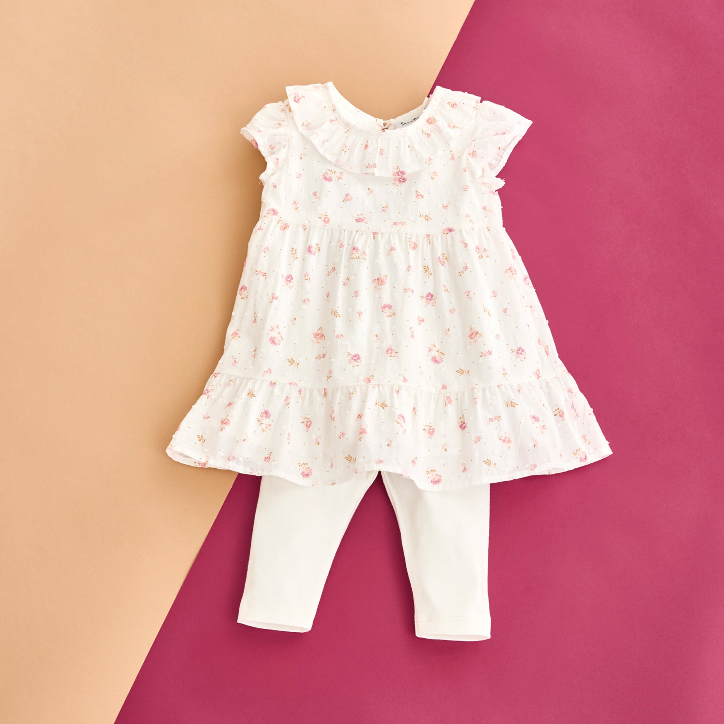Sanetta Fiftyseven Webkleid Flügelarm Rüschenkragen Blumen natur/rosa