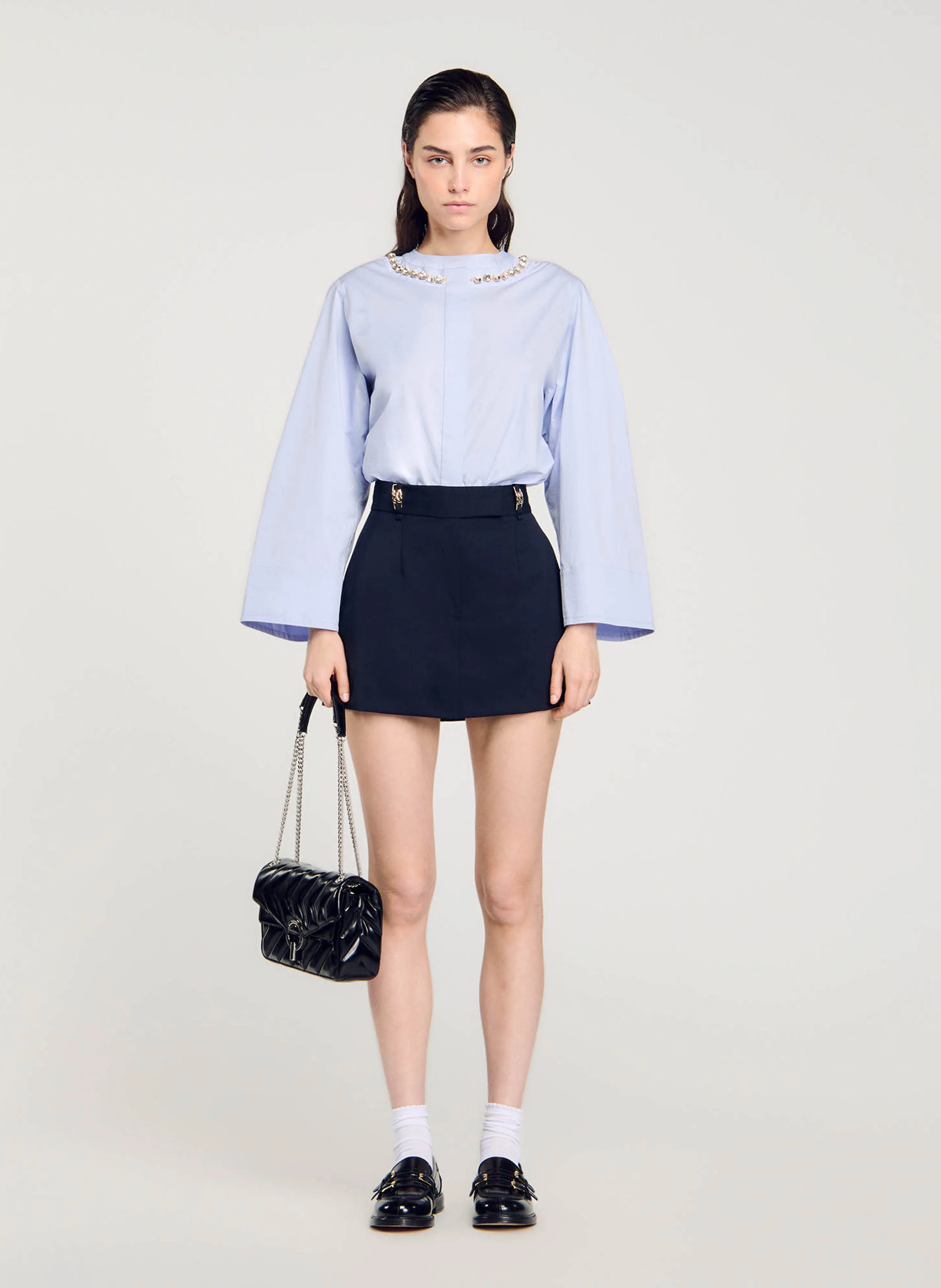 Chemise courte ample col rond en coton mélangé | Bleu