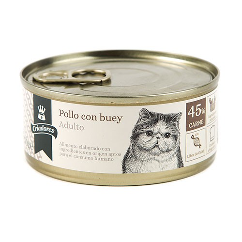 Ração enlatada para gatos adultos da marca Breeders, com sabor de frango e carne.