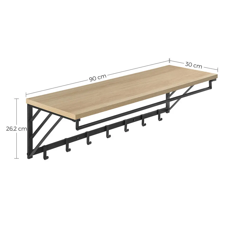 Wandkapstok - industriële look - 7 haken - 90x26x30 cm - lichte eik