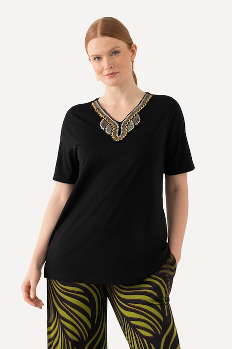 T-Shirt, Stickerei, A-Linie, Tunika-Ausschnitt, Halbarm