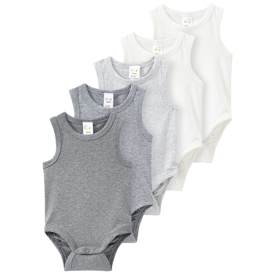 Famy 5 Baby Bodys in verschiedenen Farben grau / weiss