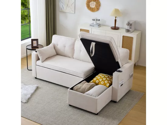Canapé d'angle réversible convertible en coton et en lin, Méridienne avec rangement, porte-verres, 211x129.5x86cm, Beige