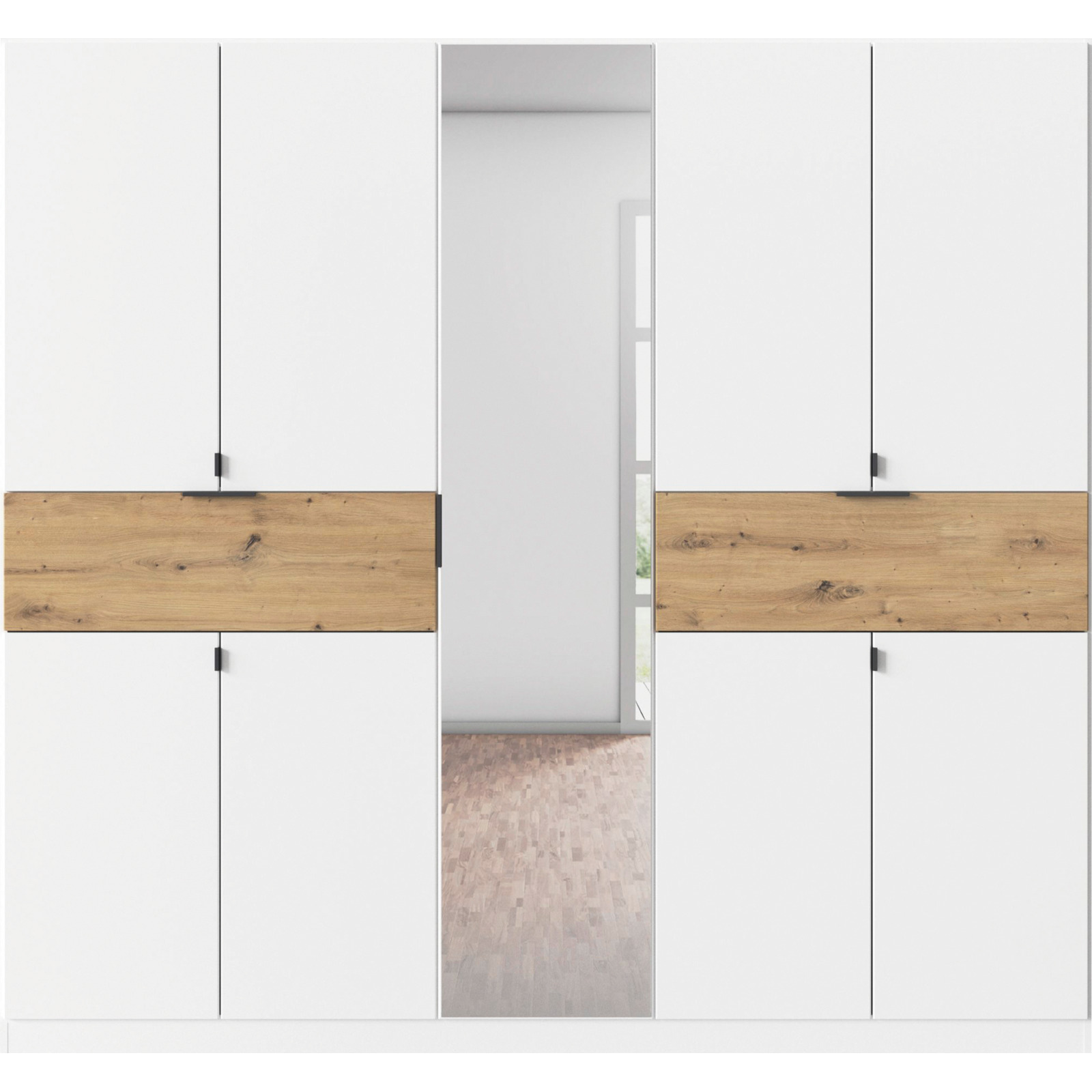 Drehtürenschrank Ticao, Dekor, 226 x 210 x 54 cm, mit Spiegel weiss / Artisan
