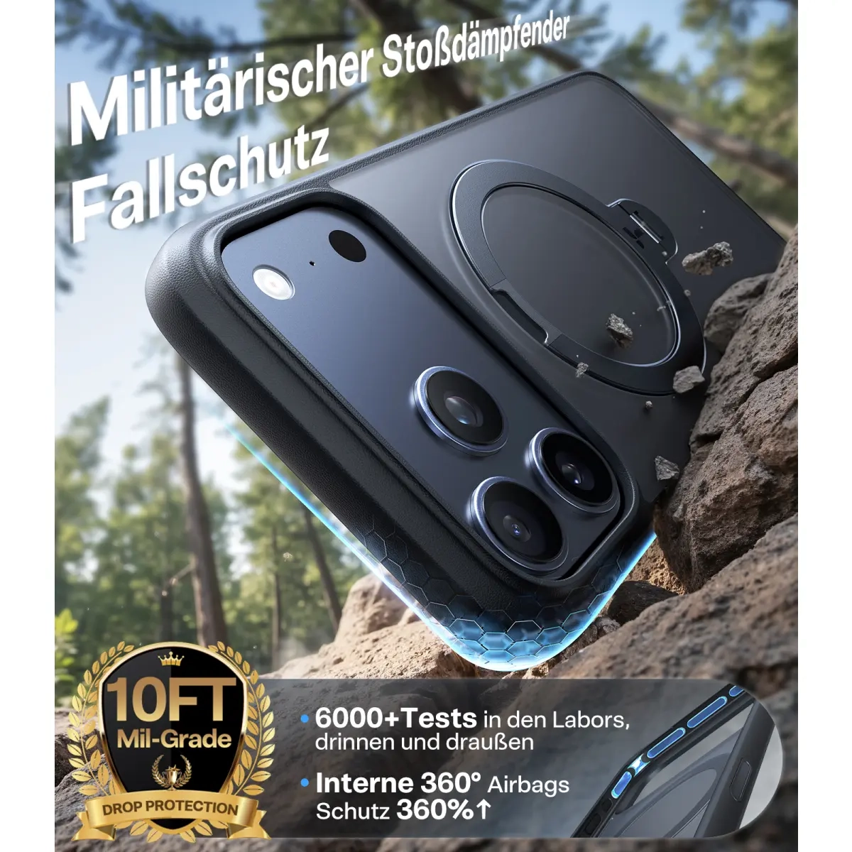 iPhone 17 Pro Max Ostand 360° Spin MagSafe Hybrid Hardcase Hülle Ring Stand   Kickstand - Schwarz