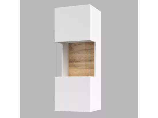 Petite vitrine suspendue 1 porte partiellement vitrée collection EVA. Couleur blanc mat et chêne.