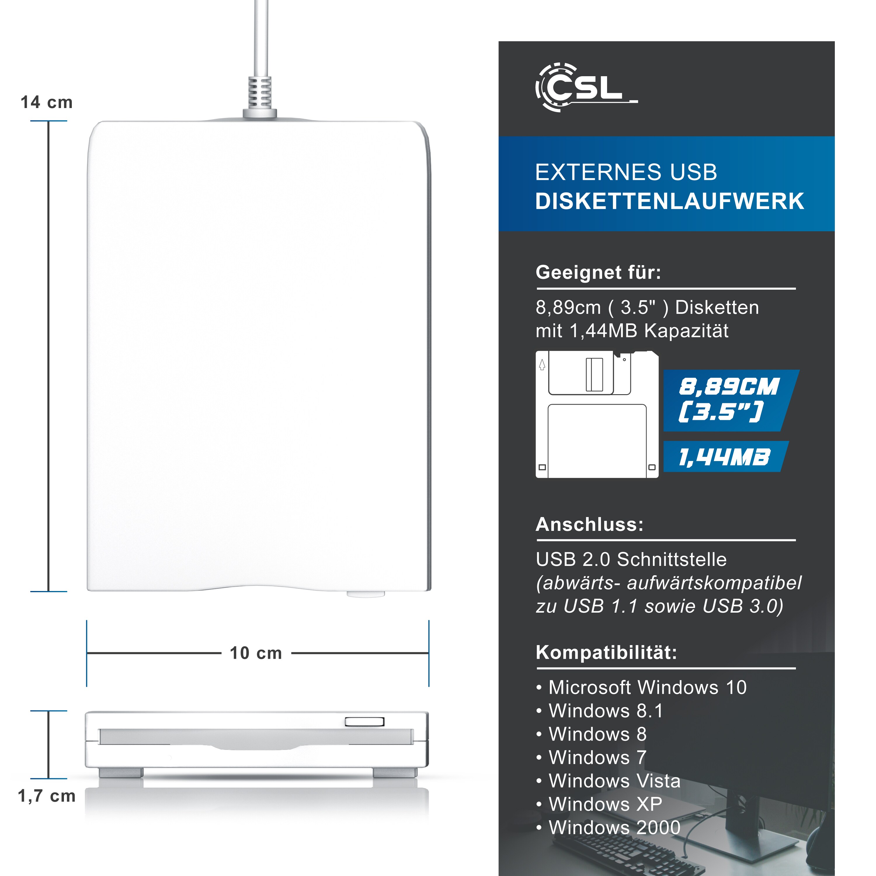 CSL Diskettenlaufwerk, USB 1.1, Externes USB Floppy Laufwerk FDD 1,44MB (3,5) für PC & MAC