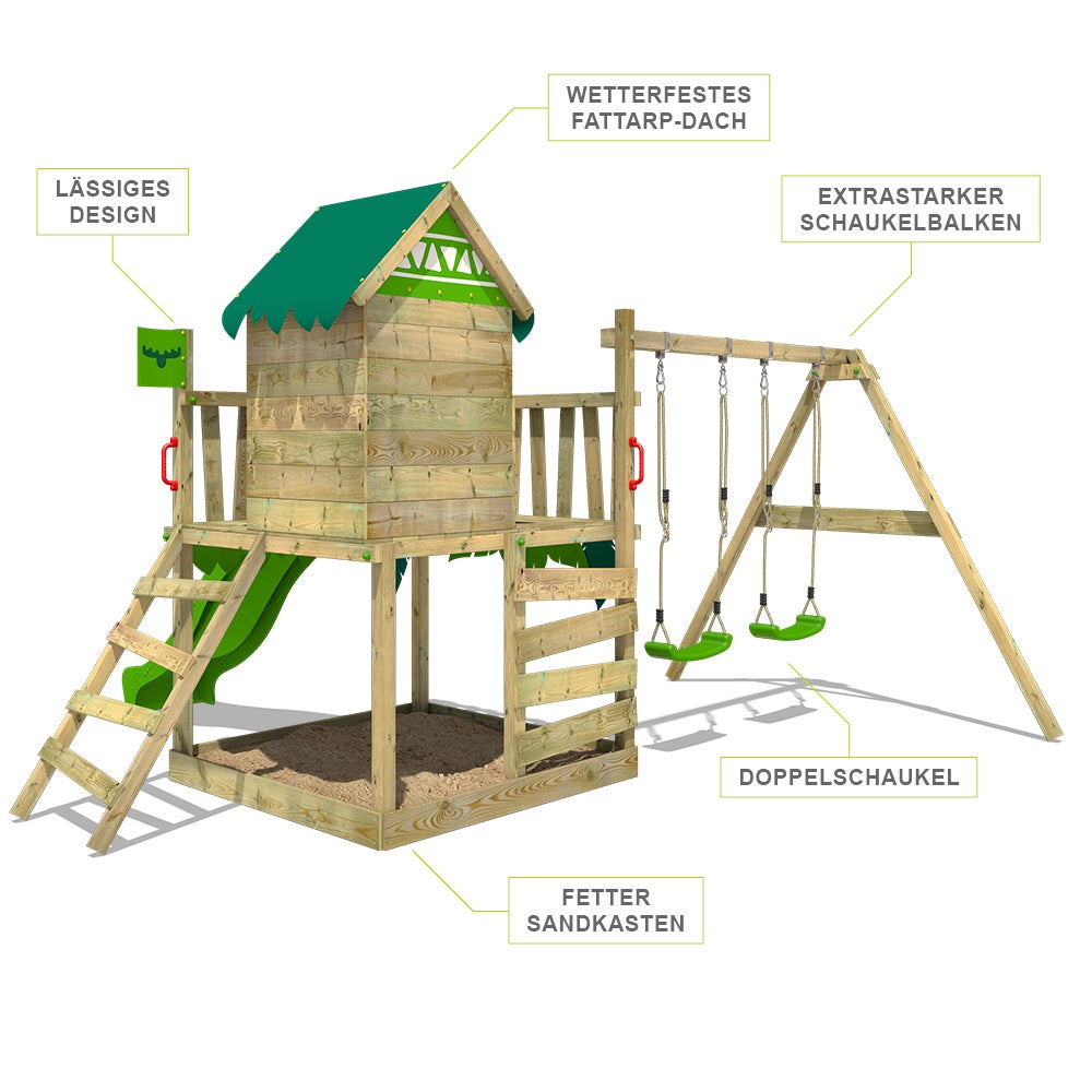 FATMOOSE JazzyJungle Speeltoren Klimrek met Schommel en Glijbaan, Speelhuis met Zandbak, Ladder en Speelaccessoires - Appelgroen