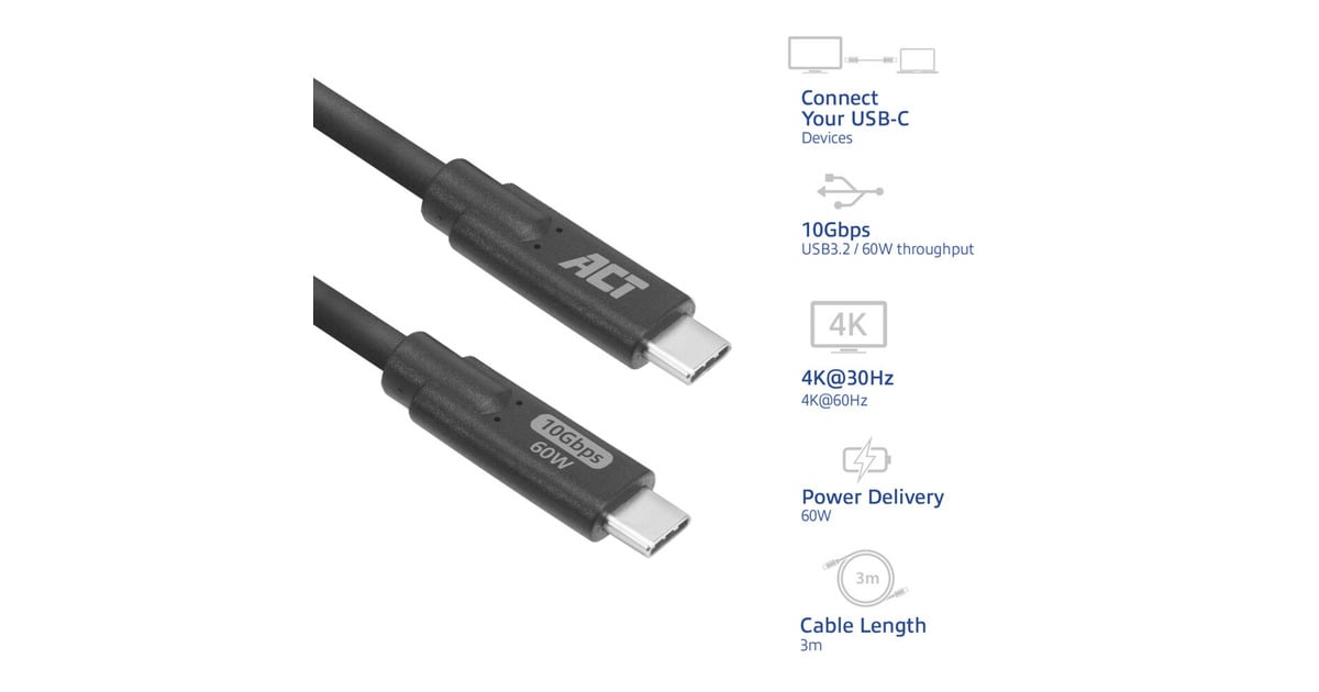 ACT ConnectivityUSB 3.0 10Gbps 60W USB Type-C kabel, 3 meter  (Zwart)