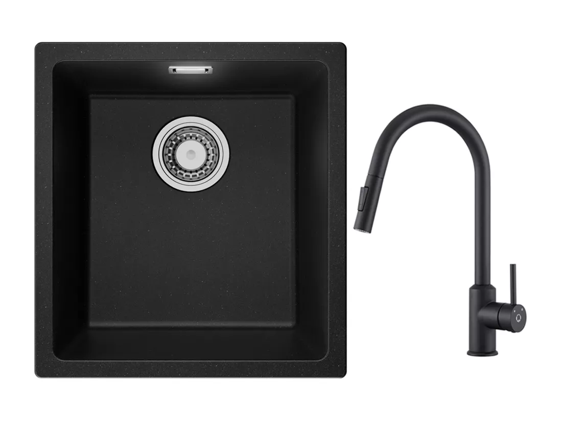 CECIPA MAX Evier 1 Bac en Quartz et Résine Noir Gris 40*44*20cm + Mitigeur de Cuisine avec Douchette Extractible Noir