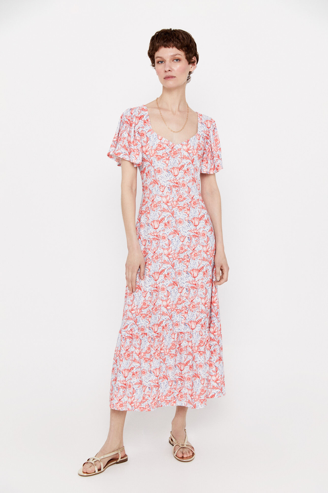 Vestido de malha vazada com babados - Multicolorido
