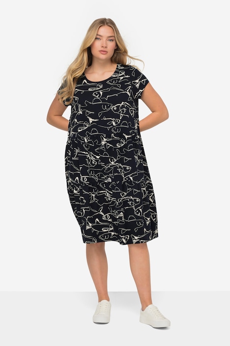 Jerseykleid, A-Line, Fische-Print, Rundhals, Volants, Halbarm