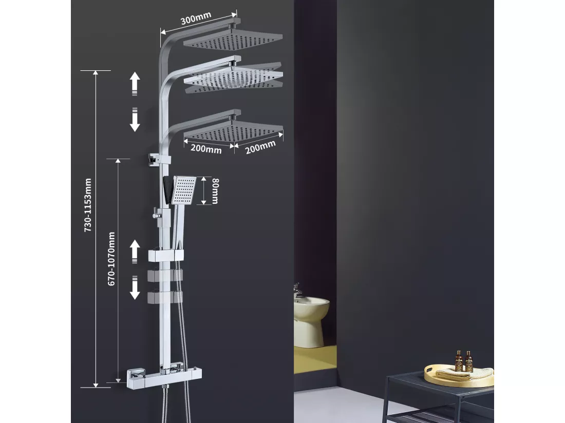 Colonne de Douche Thermostatique, Ensemble de Douche Réglable en Hauteur, Système de douche en Laiton, Ensemble de Douche Mural, ,Chromé