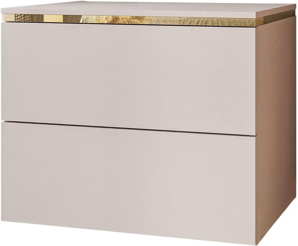 Lookway Nachttisch Aurora II Kaschmir Matt mit LED Beleuchtung Hängend oder auf Goldenen Beinen Gold Dekorative Leiste Modernes Schlafzimmermöbel (Hängend)