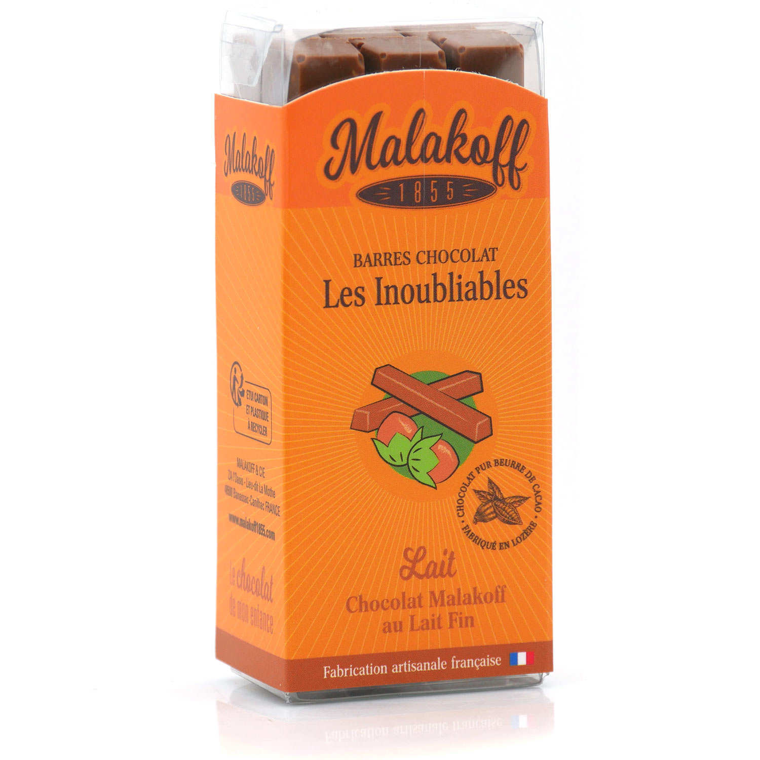 Barres de chocolat Malakoff 1855 au lait noisettes sans emballage individuel