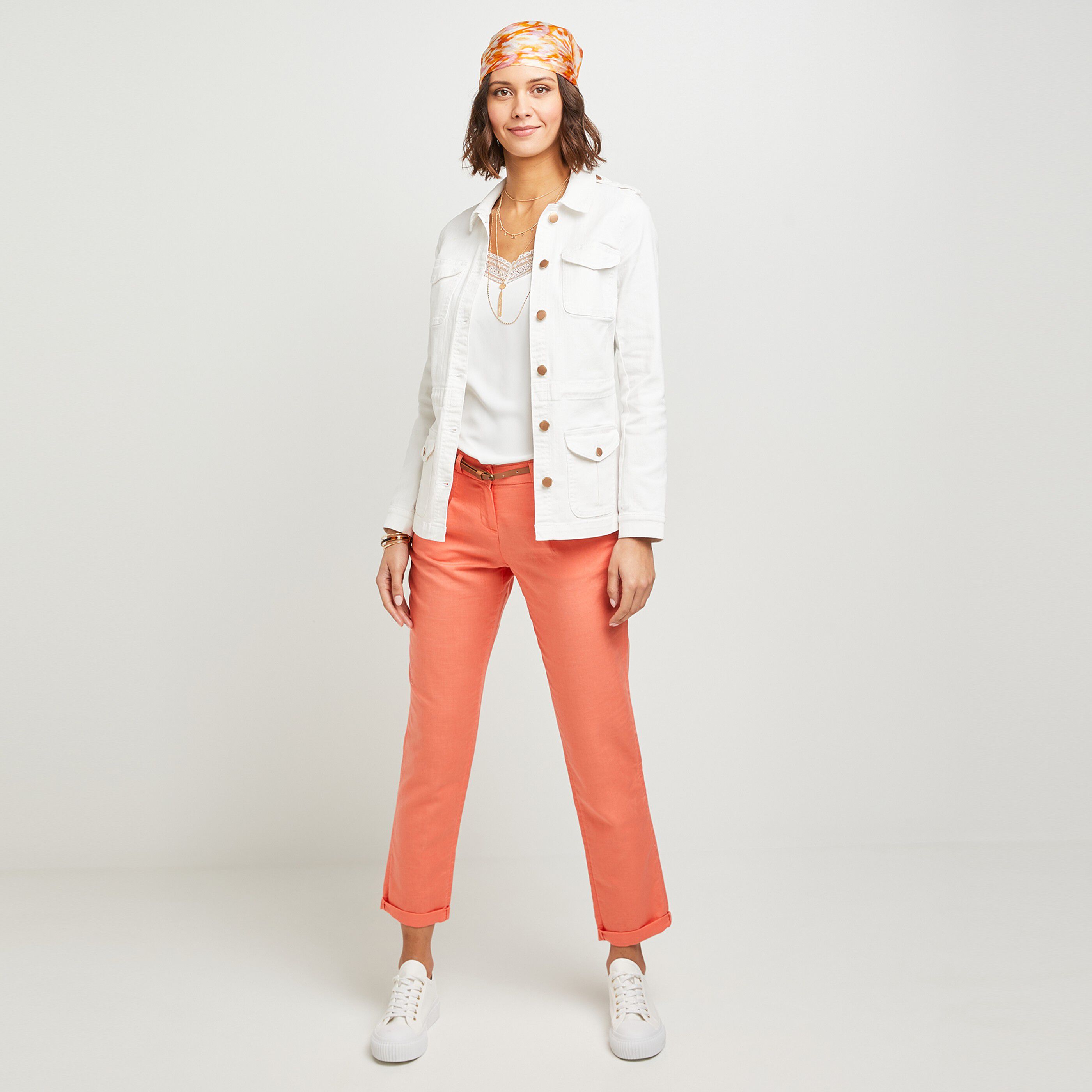 Chino lin mélangé femme - ORANGE