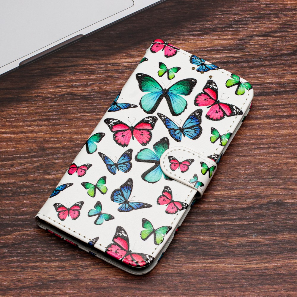 iPhone 16 Pro Leder Tasche Hülle mit Kartenfach Bunte Schmetterlinge