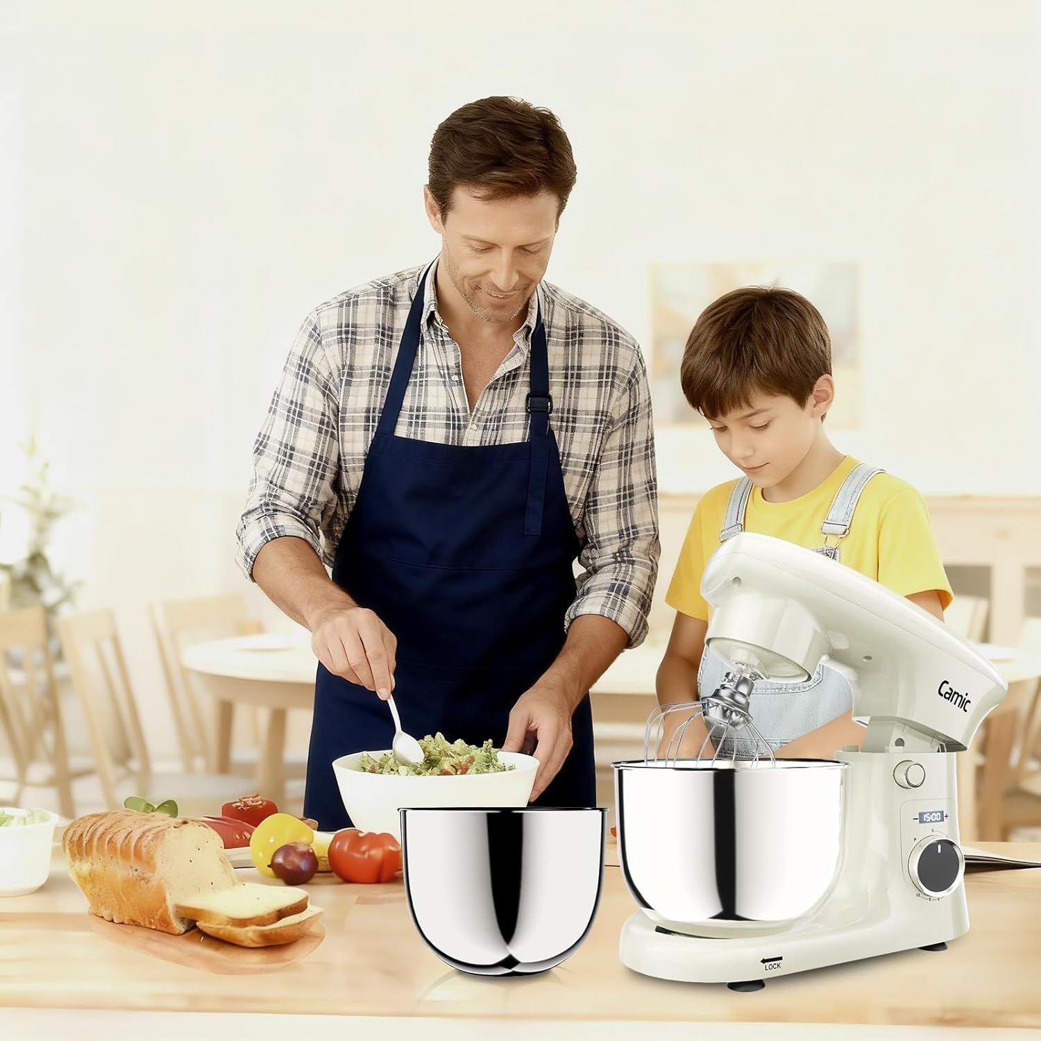 Camic Küchenmaschine mit 3 Zubehörteilen (Knet, Rühr, Schneebesen), Teigmaschine mit LED-Display, Zeit einstellen, 10 Geschwindigkeitsstufen, 2 Edelstahlschüsseln 4L+5L, für Teig, Brot, Pizza, Kuchen