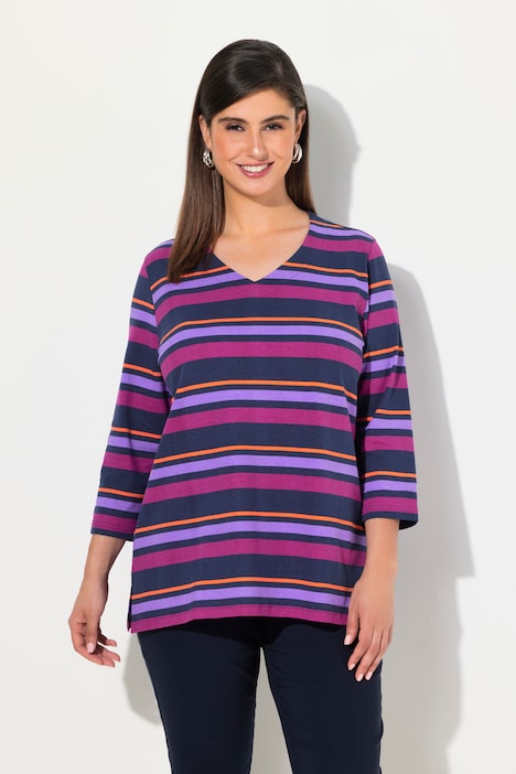 Shirt, Ringel, Classic, V-Ausschnitt, 3/4-Arm