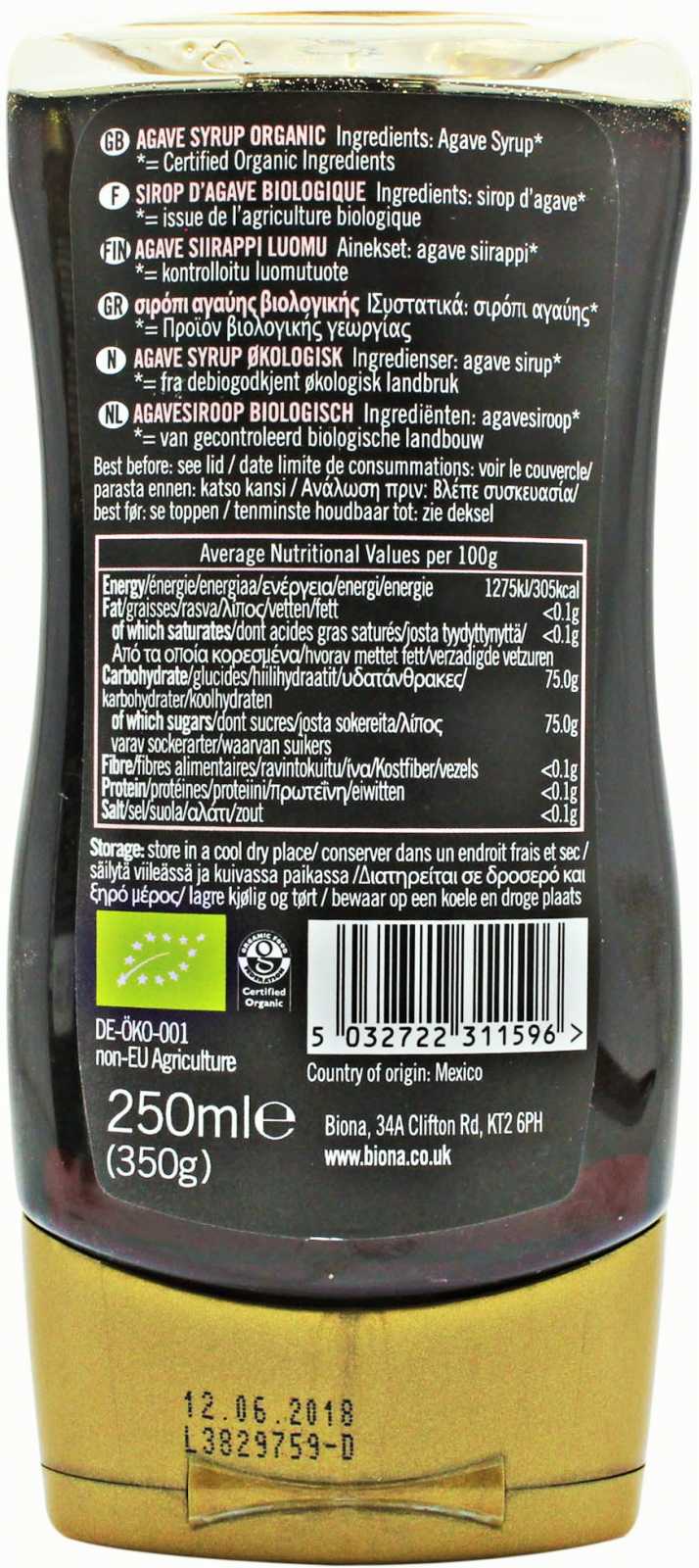 Xarope de Agave Escuro Orgânico Biona 250ml