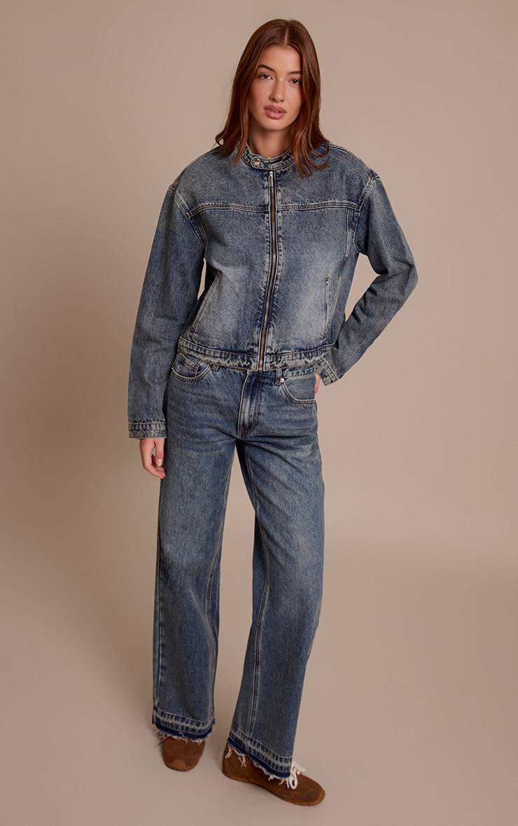 Délavage Vintage Jean Droit Bleu Moyen À Ourlet Brut