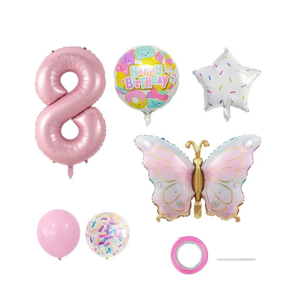 (10-tlg. Set) Zahlen Ballon Kinder Geburtstags Party Folienballon inkl. Latex Luftballon - Zahl 8 / Schmetterling