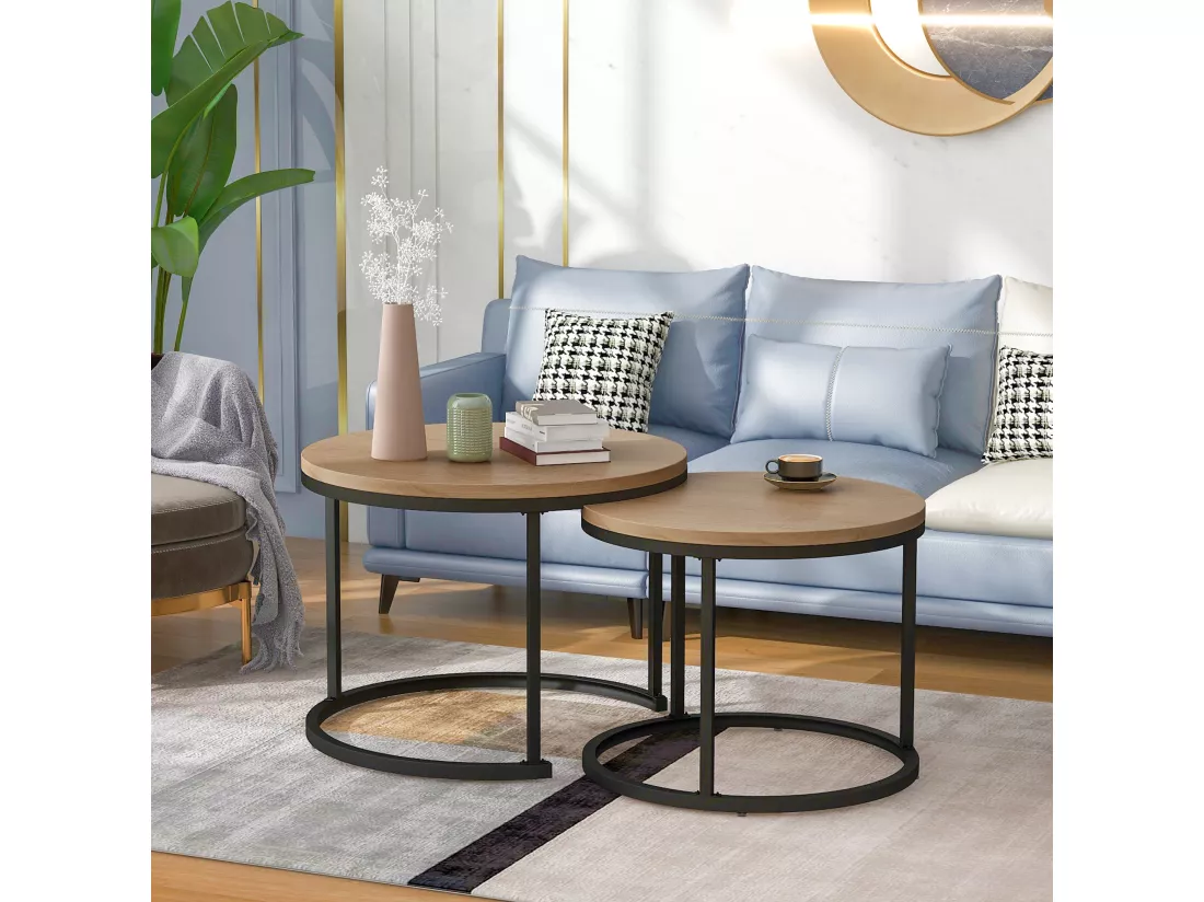 Lot de 2 tables basses gigognes, table d'appoint - bois MDF et pièds en métal - coloris chêne