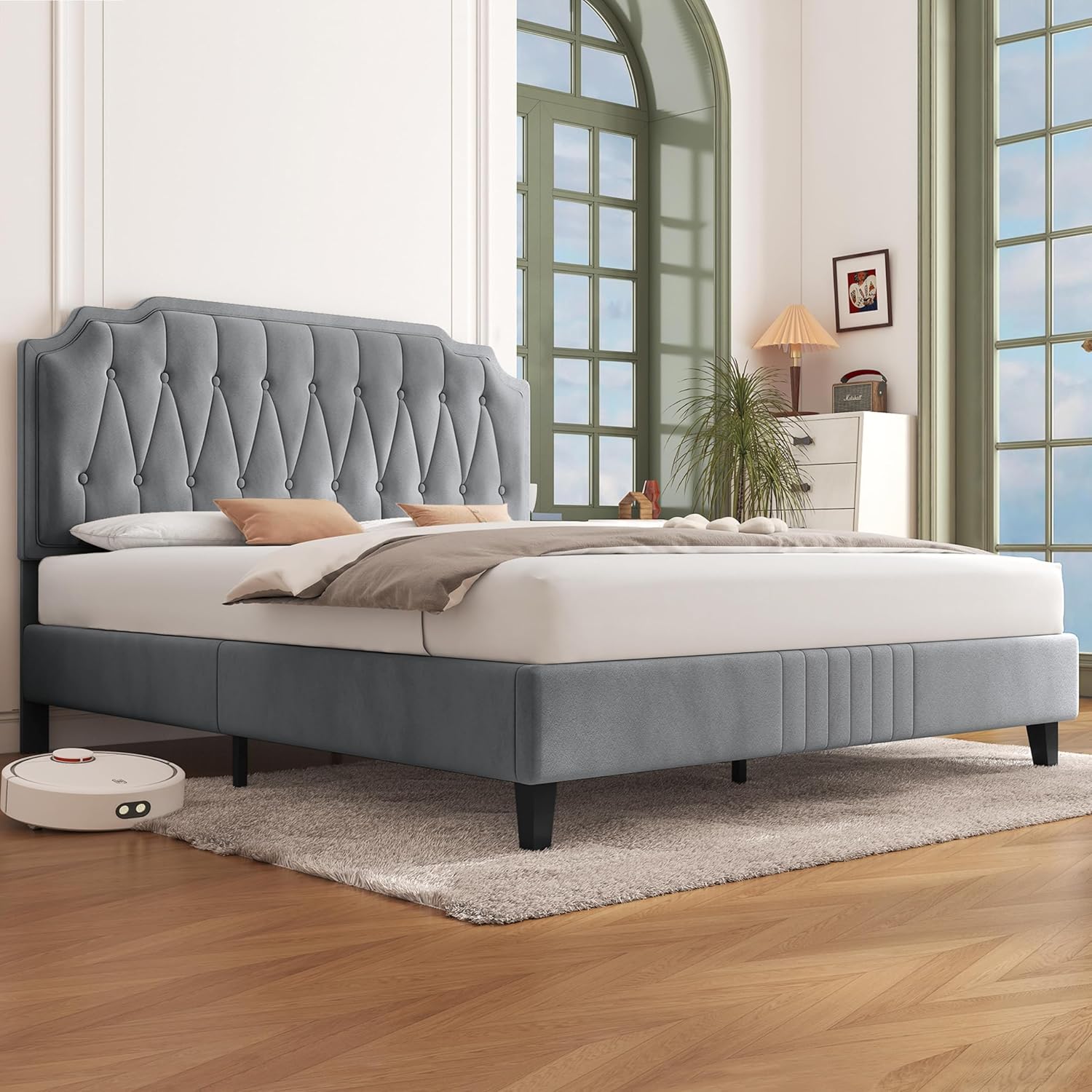 Yaheetech Polsterbett Doppelbett 160 x 200 cm Stoffbett Bettgestell Gepolstertes Bett mit höhenverstellbarem Kopfteil Bettrahmen mit Lattenrost, Hellgrau