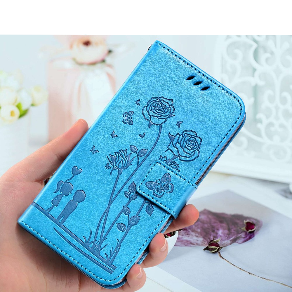 iPhone 13 Pro Leder Tasche mit Kartenfach Love Roses - Blau