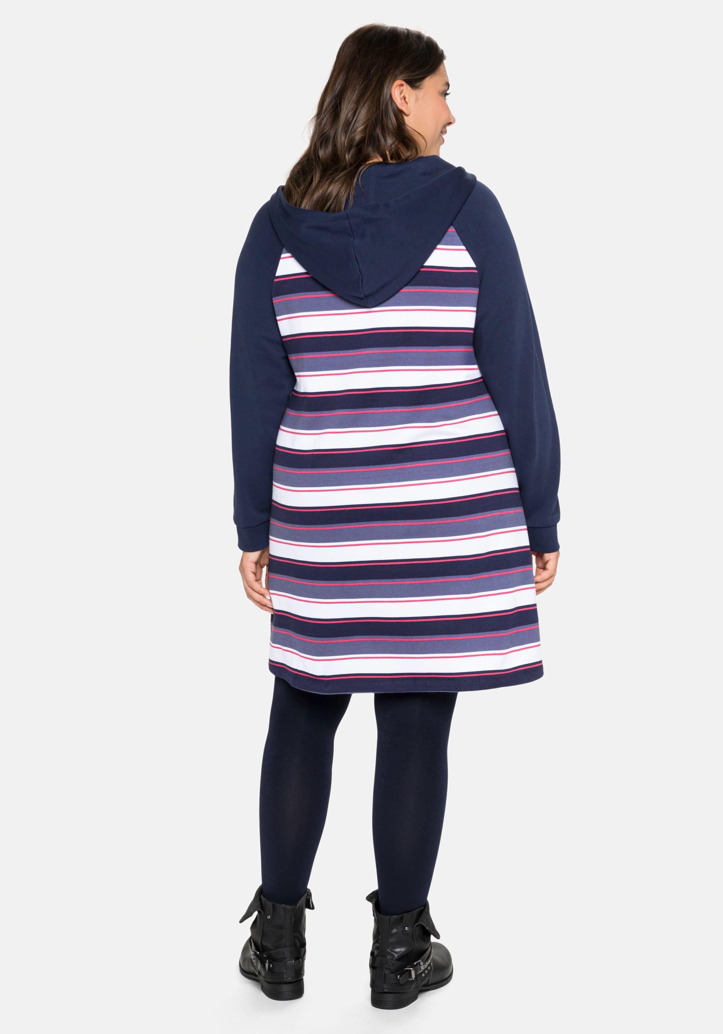 Sweatkleid mit Ringeln, Kapuze und Reißverschluss