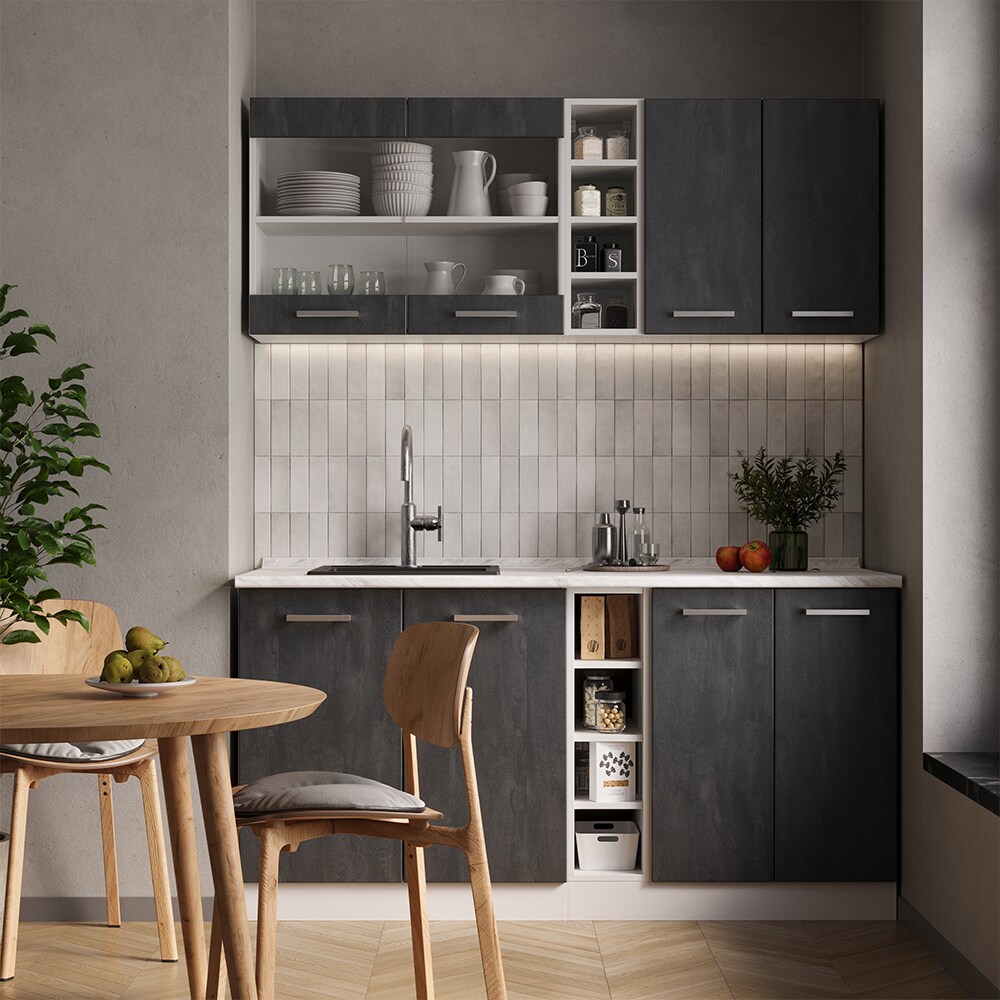Vicco Singleküche R-Line 160 cm Schwarz Beton Weiß ohne Arbeitsplatte