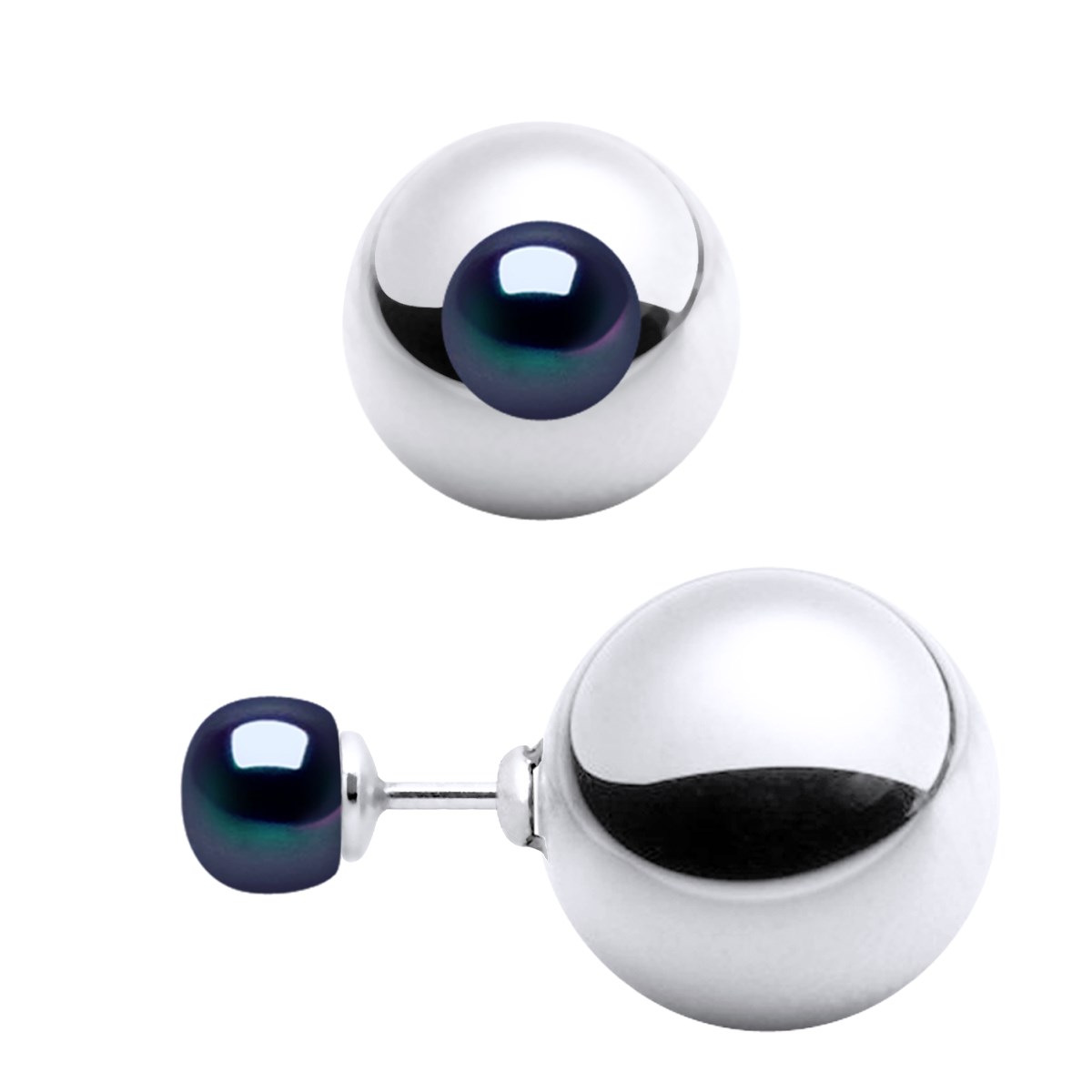 Boucles d'Oreilles RECTO VERSO Perles d'Eau Douce Noires 6-7 mm Argent 925